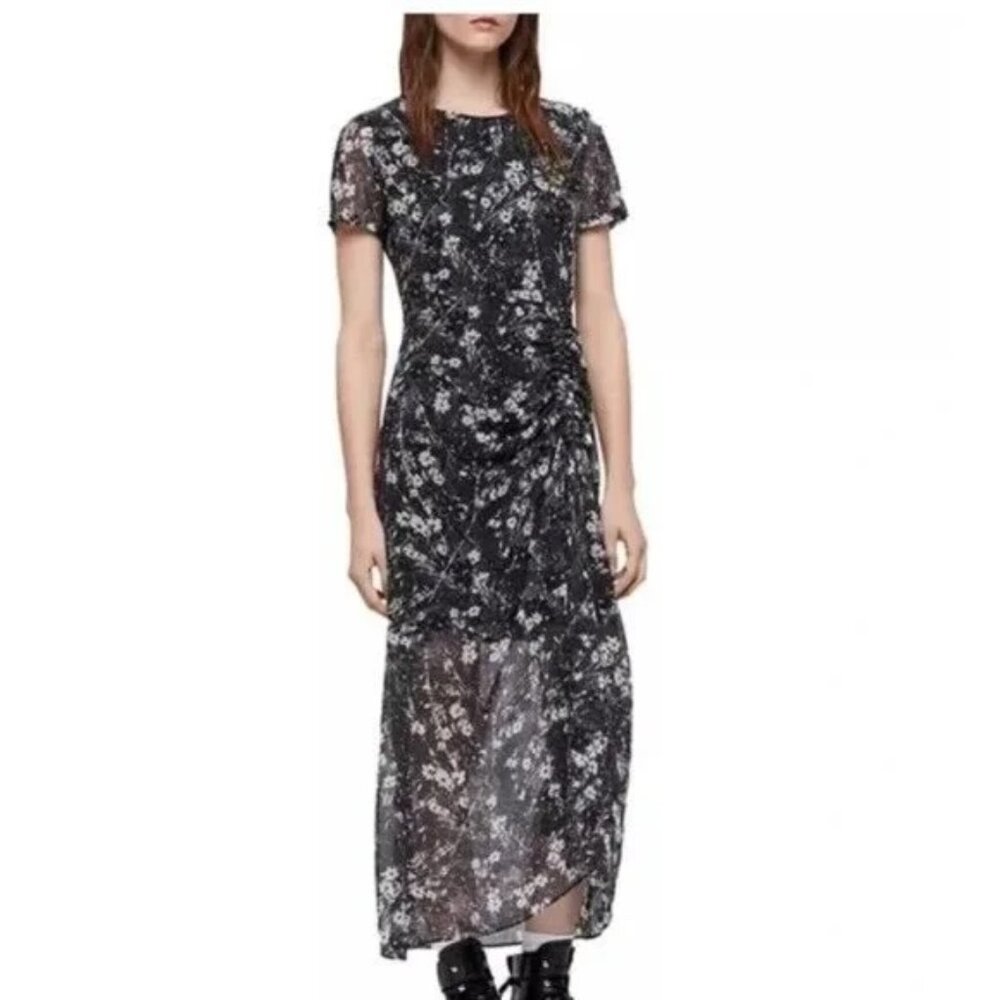 All Saints Black Ariya Lisk Floral Splatter Ruched Sheer Long Midi Dress Size 8/